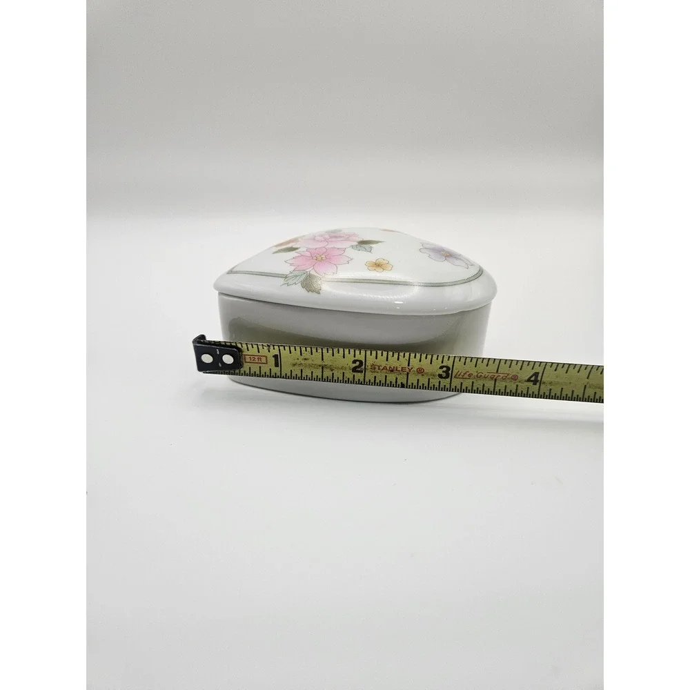 Vintage Porcelain Heart Shaped Floral Trinket Box, Japan